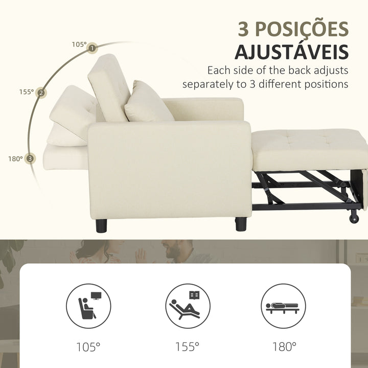 Sofá Cama Individual Poltrona com 4 Rodas Encosto Reclinável Almofada Extra e Assento Acolchoado Carga 100 kg para Escritório Dormitório Sala de Estar 69x82,5x84 cm Bege