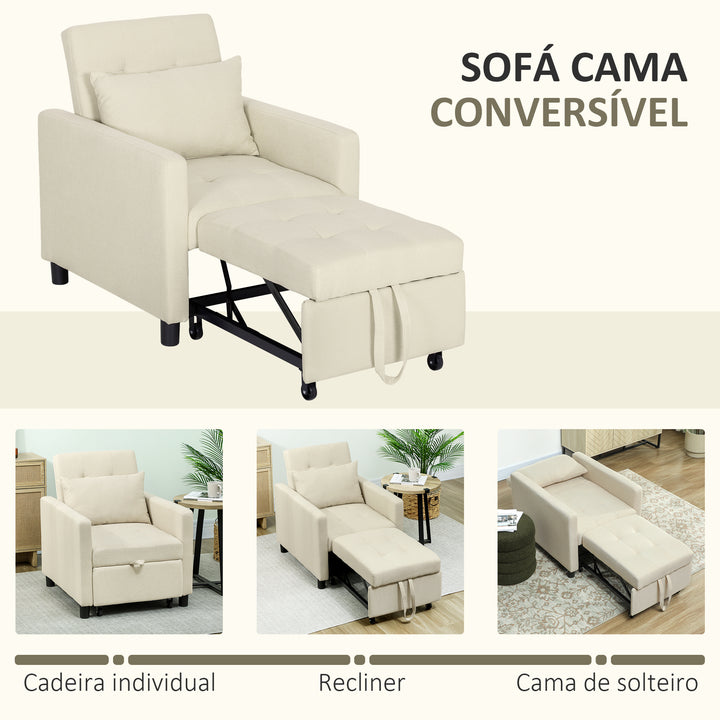 Sofá Cama Individual Poltrona com 4 Rodas Encosto Reclinável Almofada Extra e Assento Acolchoado Carga 100 kg para Escritório Dormitório Sala de Estar 69x82,5x84 cm Bege