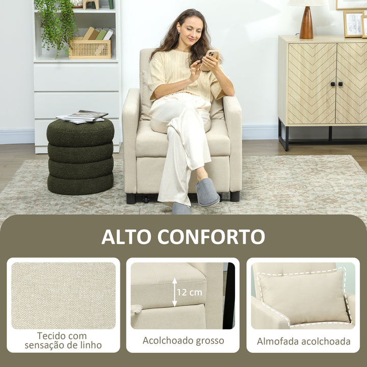 Sofá Cama Individual Poltrona com 4 Rodas Encosto Reclinável Almofada Extra e Assento Acolchoado Carga 100 kg para Escritório Dormitório Sala de Estar 69x82,5x84 cm Bege
