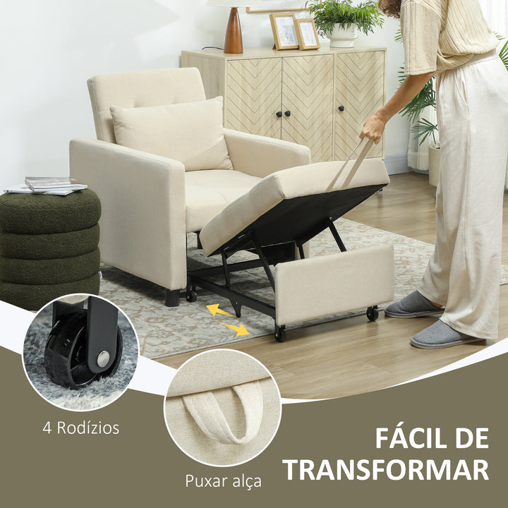 Sofá Cama Individual Poltrona com 4 Rodas Encosto Reclinável Almofada Extra e Assento Acolchoado Carga 100 kg para Escritório Dormitório Sala de Estar 69x82,5x84 cm Bege