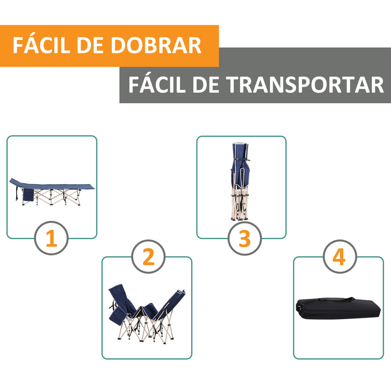 Cama de Campismo Dobrável Cama de Campismo com 1 Bolso Lateral Bolsa de Transporte e Estrutura de Aço Carga Máxima 150 kg para Praia Trilha 190x68x52 cm Azul Escuro