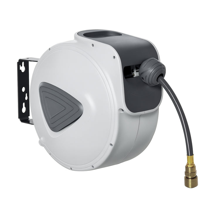 Carretel de Mangueira de Ar Comprimido Automático 20 m Conector de 1/4'' BSP com Suporte de Parede Giratório 180° Diâmetro Interno 3/8'' (9,5x15 mm) Cinzento