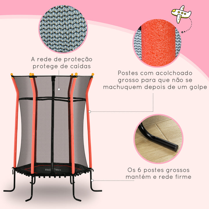 Trampolim para Crianças acima de 3 Anos Cama Elástica Infantil com Rede de Segurança e Estrutura de Aço para Interiores e Exteriores Carga 50kg Ø163,5x190 cm Vermelho