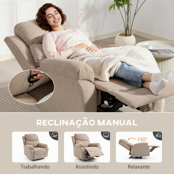 Poltrona Reclinável Manual com Tecido de Aspeto em Linho Poltrona Reclinável Moderna com Almofada Espessa Apoio para os Braços Acolchoados e Apoio para os Pés 85x93x105 cm Bege