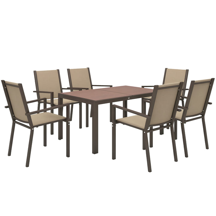 Conjunto de Refeição de Exterior de 7 Peças Conjunto de Mesa e 6 Cadeiras de Jardim com Cadeiras Empilháveis e Estrutura de Aço para Terraço Pátio Cáqui
