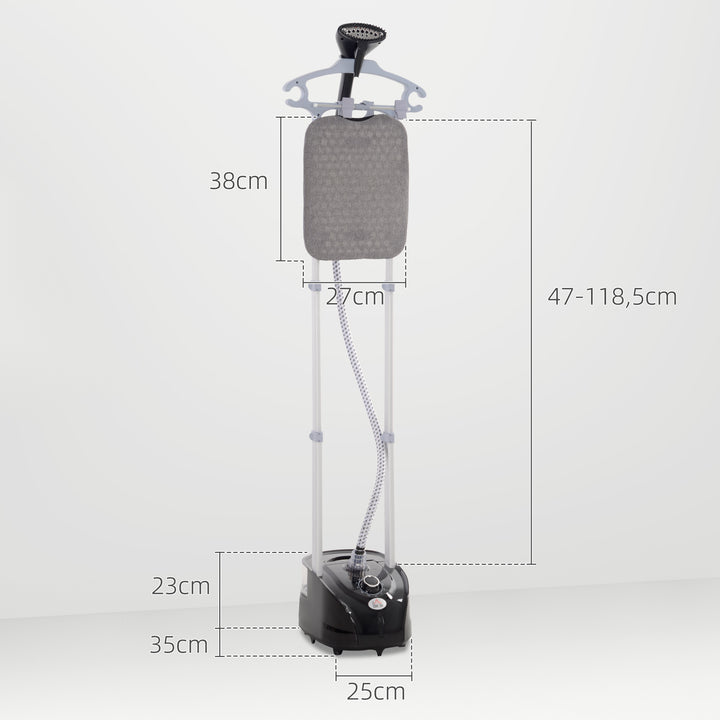 Ferro de Engomar a Vapor para Roupa 1800W Temperatura Ajustável em 11 Níveis Ferro de Engomar Vertical com Barra Dupla Depósito de 2 L Aquecimento em 38s 35x25x47-118,5 cm Preto