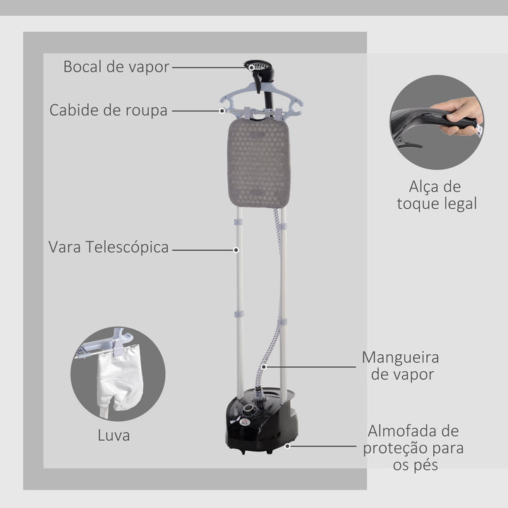 Ferro de Engomar a Vapor para Roupa 1800W Temperatura Ajustável em 11 Níveis Ferro de Engomar Vertical com Barra Dupla Depósito de 2 L Aquecimento em 38s 35x25x47-118,5 cm Preto
