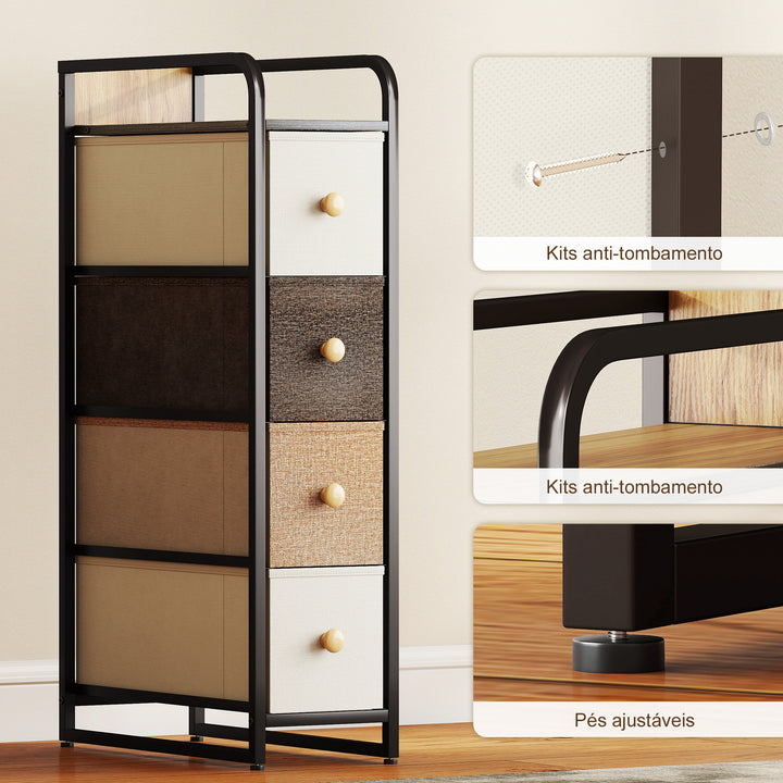 Cómoda com 4 Gavetas de Tecido Dobráveis, Cómoda Estreita para Quarto com Estrutura Metálica, Gaveteiro para Espaços Pequenos, Sala de Estar, Closet, Casa de Banho, Multicolorido