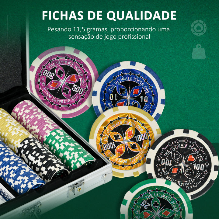 Conjunto de Póquer Profissional Mala de Póquer de Alumínio com 300 Fichas de 11,5 g 2 Baralhos de Cartas 5 Dados Tapete e Botão de Crupiê para 7-8 Jogadores com Fechadura Prateado
