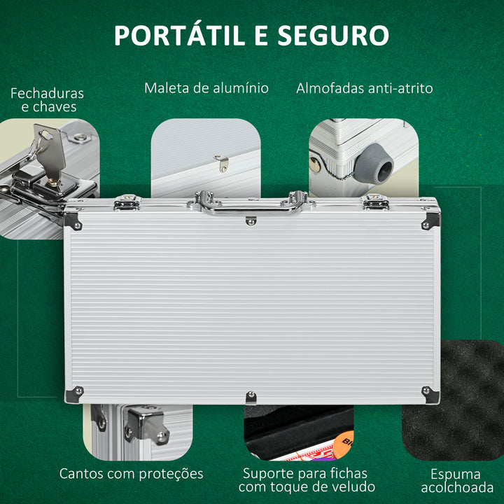 Conjunto de Póquer Profissional Mala de Póquer de Alumínio com 300 Fichas de 11,5 g 2 Baralhos de Cartas 5 Dados Tapete e Botão de Crupiê para 7-8 Jogadores com Fechadura Prateado
