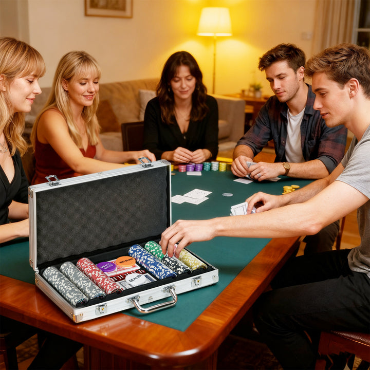 Conjunto de Póquer Profissional Mala de Póquer de Alumínio com 300 Fichas de 11,5 g 2 Baralhos de Cartas 5 Dados Tapete e Botão de Crupiê para 7-8 Jogadores com Fechadura Prateado