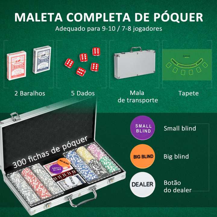 Conjunto de Póquer Profissional Mala de Póquer de Alumínio com 300 Fichas de 11,5 g 2 Baralhos de Cartas 5 Dados Tapete e Botão de Crupiê para 7-8 Jogadores com Fechadura Prateado