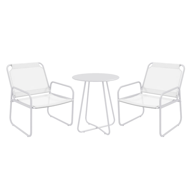 Conjunto de Móveis de Jardim Conjunto de 1 Mesa Redonda e 2 Cadeiras de Varanda com Estrutura de Aço Apoio para os Braços e Pés com Almofadas Ajustáveis para Varanda Pátio Branco