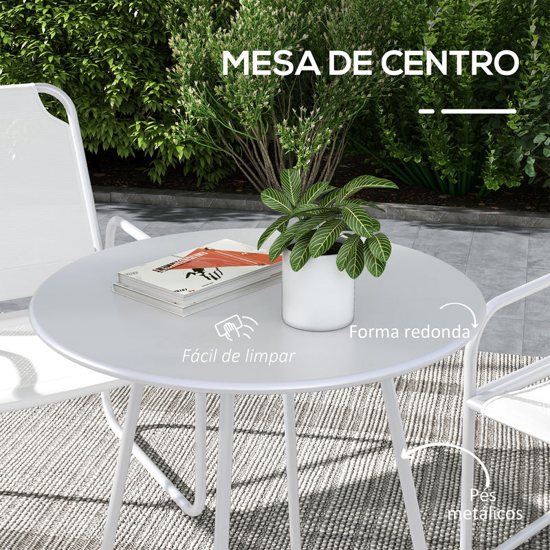 Conjunto de Móveis de Jardim Conjunto de 1 Mesa Redonda e 2 Cadeiras de Varanda com Estrutura de Aço Apoio para os Braços e Pés com Almofadas Ajustáveis para Varanda Pátio Branco