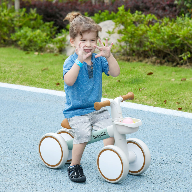 Bicicleta sem Pedais para Crianças de 12-36 Meses Bicicleta de Equilíbrio com Assento Ajustável Cesta e 4 Rodas Silenciosas Carga 20 kg 56x27x39 cm Verde