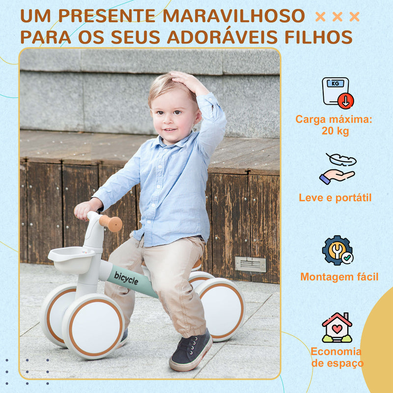 Bicicleta sem Pedais para Crianças de 12-36 Meses Bicicleta de Equilíbrio com Assento Ajustável Cesta e 4 Rodas Silenciosas Carga 20 kg 56x27x39 cm Verde