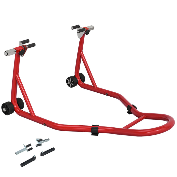 Suporte de Moto Dianteiro Universal de Aço para Roda de 10" 17" 18" Carga 200 kg com Garfos em U e L Ajustáveis Rodas e Almofadas Antiderrapantes para Reparação em Garagem 70x47x34,5 cm Vermelho