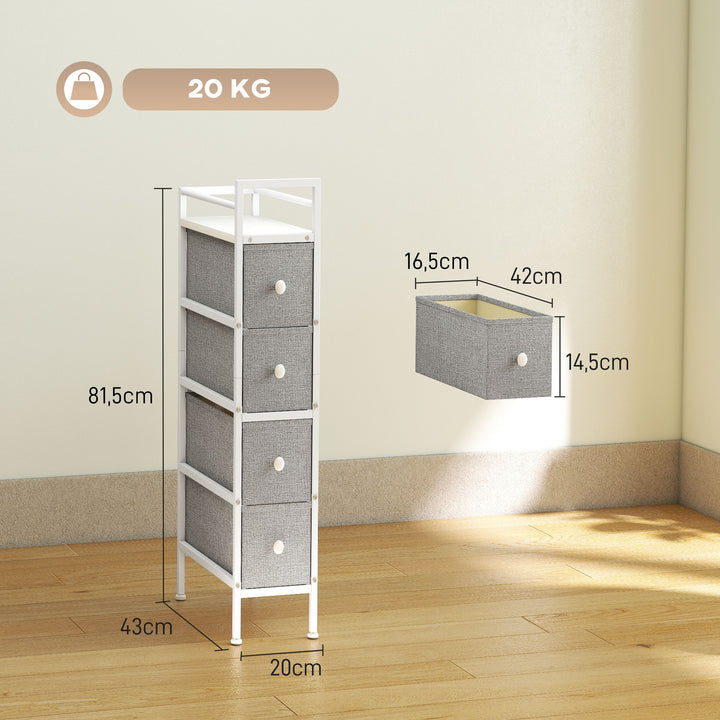 Móvel de Arrumação Estreito com 4 Gavetas de Tecido Cómoda para Quarto Estreita com Estrutura de Aço para Espaços Pequenos Sala de Estar Closet Casa de Banho 20x43x81,5 cm Cinzento Claro