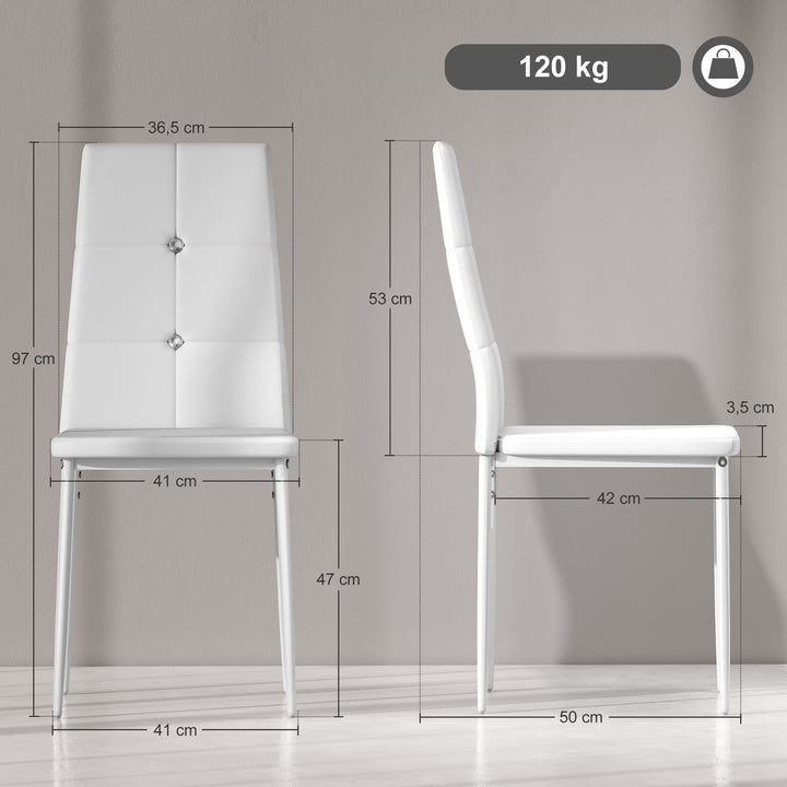 Conjunto de 6 Cadeiras de Sala de Jantar Estofadas em PU Cadeiras de Cozinha com Encosto Alto com Botões e Pernas de Aço Desenho Moderno para Sala de Estar Quarto 41x50x97 cm Branco