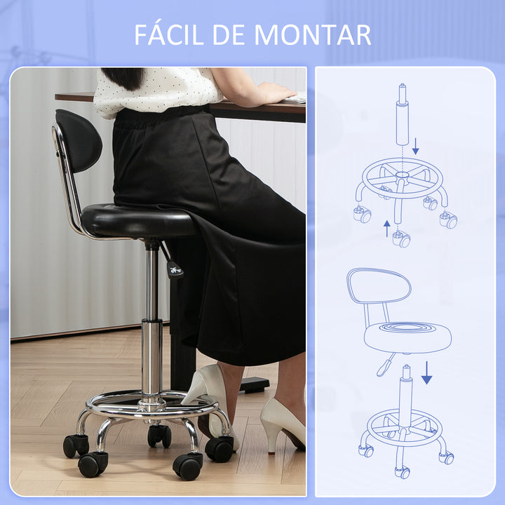 Banco Giratório com Rodas e Encosto Banco de Trabalho com Altura Ajustável 70-86 cm Banco Estofado em Couro Sintético Preto
