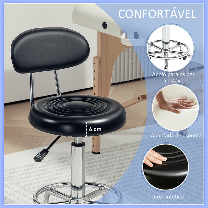 Banco Giratório com Rodas e Encosto Banco de Trabalho com Altura Ajustável 70-86 cm Banco Estofado em Couro Sintético Preto