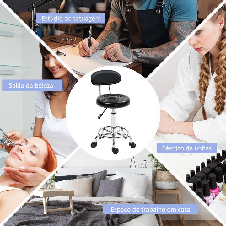 Banco Giratório com Rodas e Encosto Banco de Trabalho com Altura Ajustável 70-86 cm Banco Estofado em Couro Sintético Preto