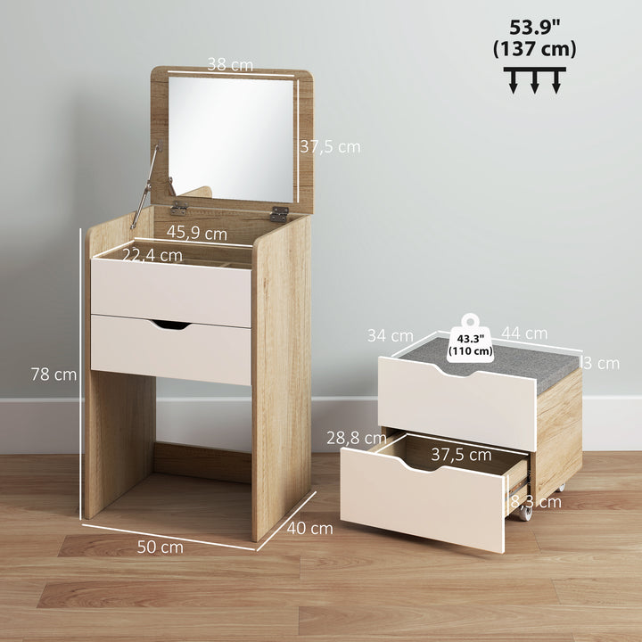Toucador de Maquilhagem 3 em 1 com Espelho Rebatível e Banco Oculto Mesa de Maquilhagem de Vidro Visível com 3 Gavetas e Banco Acolchoado para Espaços Reduzidos Vestidor, Carvalho e Branco