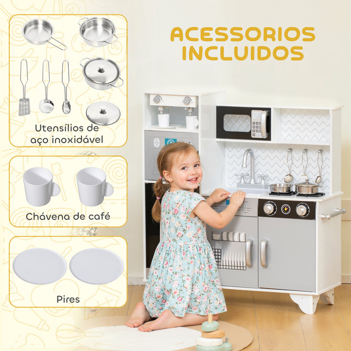 Cozinha de Madeira com Som Cozinha Infantil com Acessórios em Aço Inoxidável Micro-Ondas, Máquina de Gelo Cafeteira, Máquina de Lavar Loiça para Crianças a partir dos 3 Anos 79,5x24x83,8 cm Branco