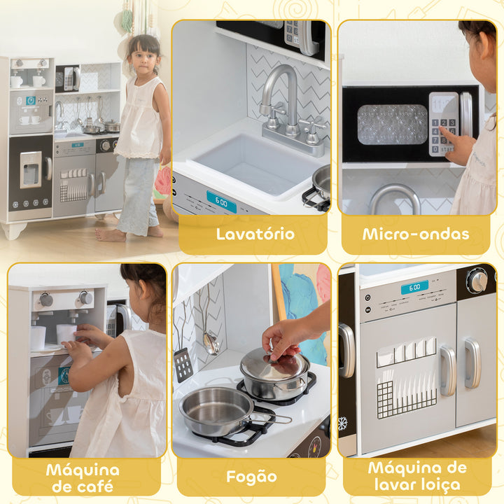Cozinha de Madeira com Som Cozinha Infantil com Acessórios em Aço Inoxidável Micro-Ondas, Máquina de Gelo Cafeteira, Máquina de Lavar Loiça para Crianças a partir dos 3 Anos 79,5x24x83,8 cm Branco