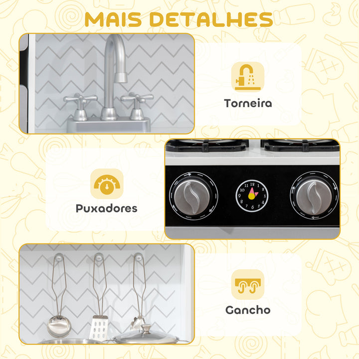 Cozinha de Madeira com Som Cozinha Infantil com Acessórios em Aço Inoxidável Micro-Ondas, Máquina de Gelo Cafeteira, Máquina de Lavar Loiça para Crianças a partir dos 3 Anos 79,5x24x83,8 cm Branco