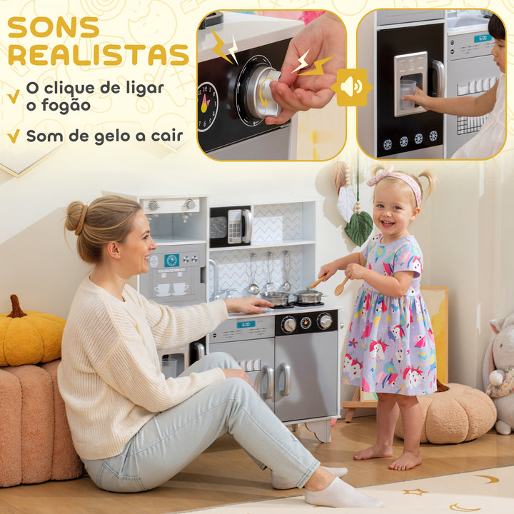 Cozinha de Madeira com Som Cozinha Infantil com Acessórios em Aço Inoxidável Micro-Ondas, Máquina de Gelo Cafeteira, Máquina de Lavar Loiça para Crianças a partir dos 3 Anos 79,5x24x83,8 cm Branco
