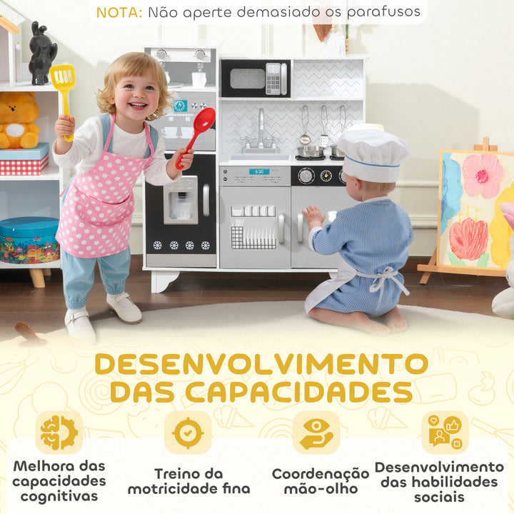 Cozinha de Madeira com Som Cozinha Infantil com Acessórios em Aço Inoxidável Micro-Ondas, Máquina de Gelo Cafeteira, Máquina de Lavar Loiça para Crianças a partir dos 3 Anos 79,5x24x83,8 cm Branco