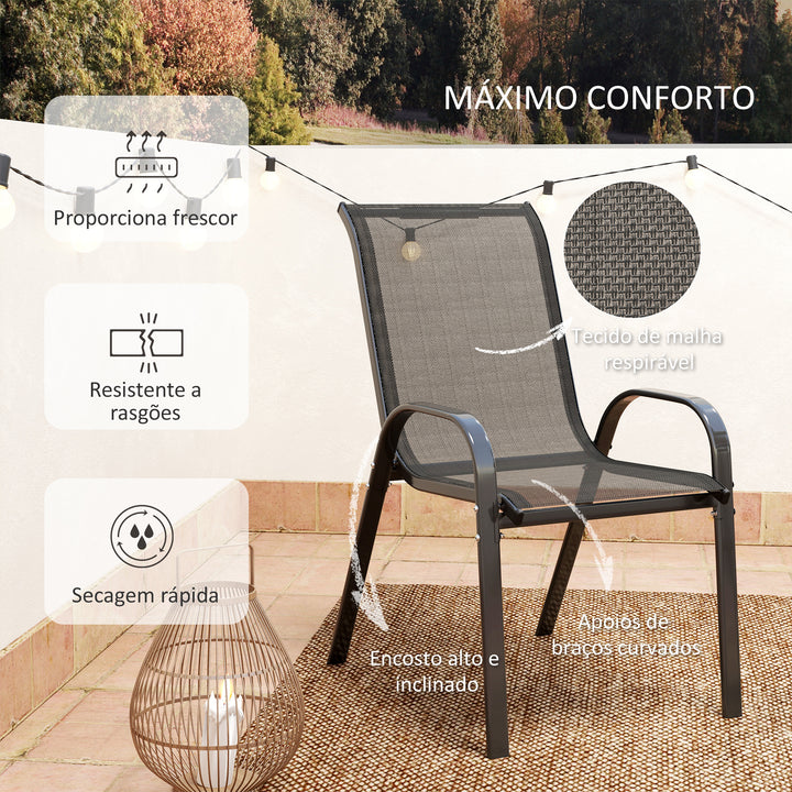 Conjunto de Mesa e Cadeiras de Jardim de 3 Peças Móveis de Jardim com Cadeiras Empilháveis Bancada de Vidro e Estrutura de Aço para Pátio Preto