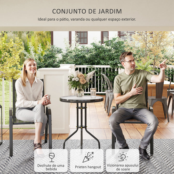 Conjunto de Mesa e Cadeiras de Jardim de 3 Peças Móveis de Jardim com Cadeiras Empilháveis Bancada de Vidro e Estrutura de Aço para Pátio Preto