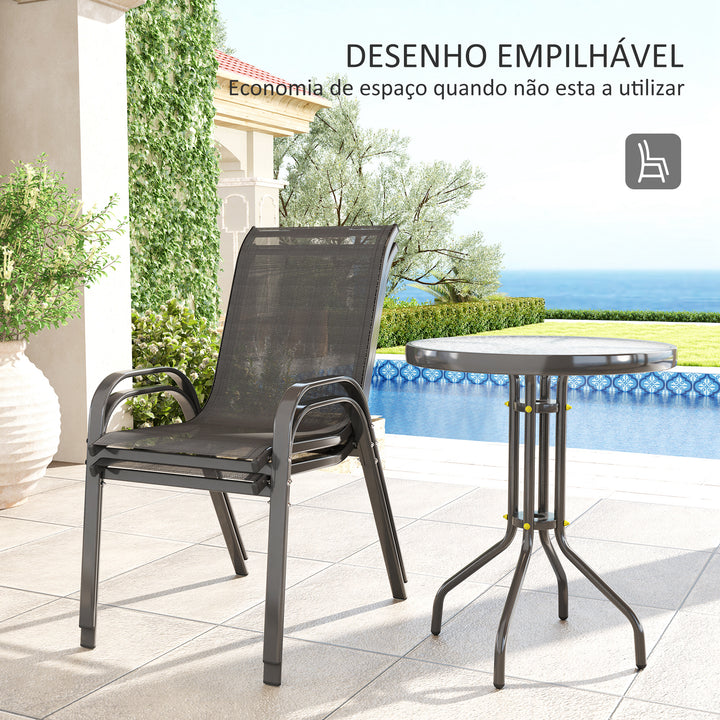 Conjunto de Mesa e Cadeiras de Jardim de 3 Peças Móveis de Jardim com Cadeiras Empilháveis Bancada de Vidro e Estrutura de Aço para Pátio Preto