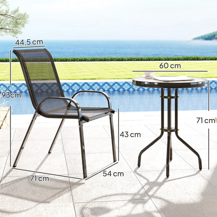 Conjunto de Mesa e Cadeiras de Jardim de 3 Peças Móveis de Jardim com Cadeiras Empilháveis Bancada de Vidro e Estrutura de Aço para Pátio Preto