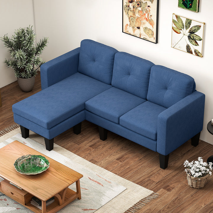 Sofá Chaise Longue Sofá em Forma de L Estofado em Poliéster Sofá de Canto Reversível com 3 Almofadas e Pés de Madeira para Sala de Estar Carga Máxima 180 kg 186x130x84 cm Azul Escuro