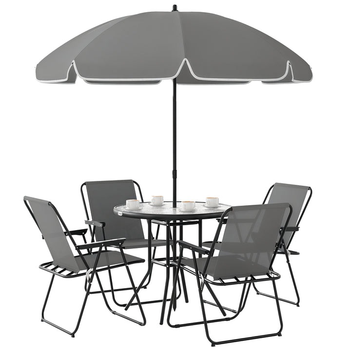Conjunto de Mesa e Cadeiras de Jardim de 6 Peças Móveis de Jardim Exterior com 4 Cadeiras Dobráveis Mesa de Vidro e Chapéu de Sol para Terraço Pátio Cinzento