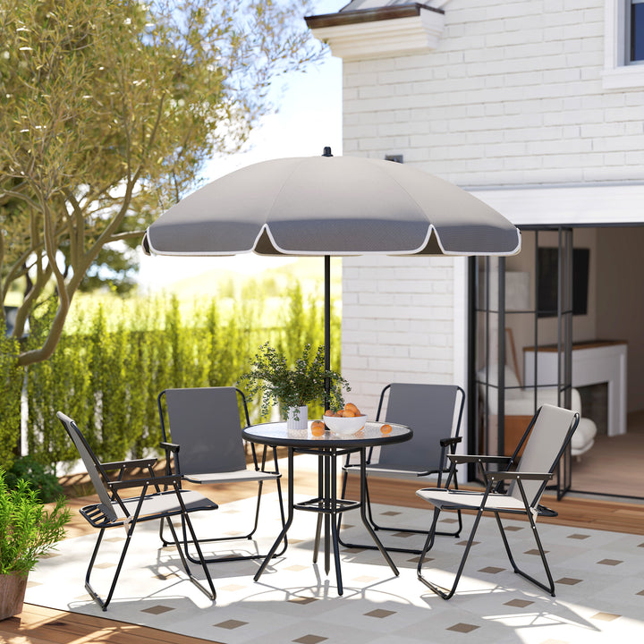 Conjunto de Mesa e Cadeiras de Jardim de 6 Peças Móveis de Jardim Exterior com 4 Cadeiras Dobráveis Mesa de Vidro e Chapéu de Sol para Terraço Pátio Cinzento