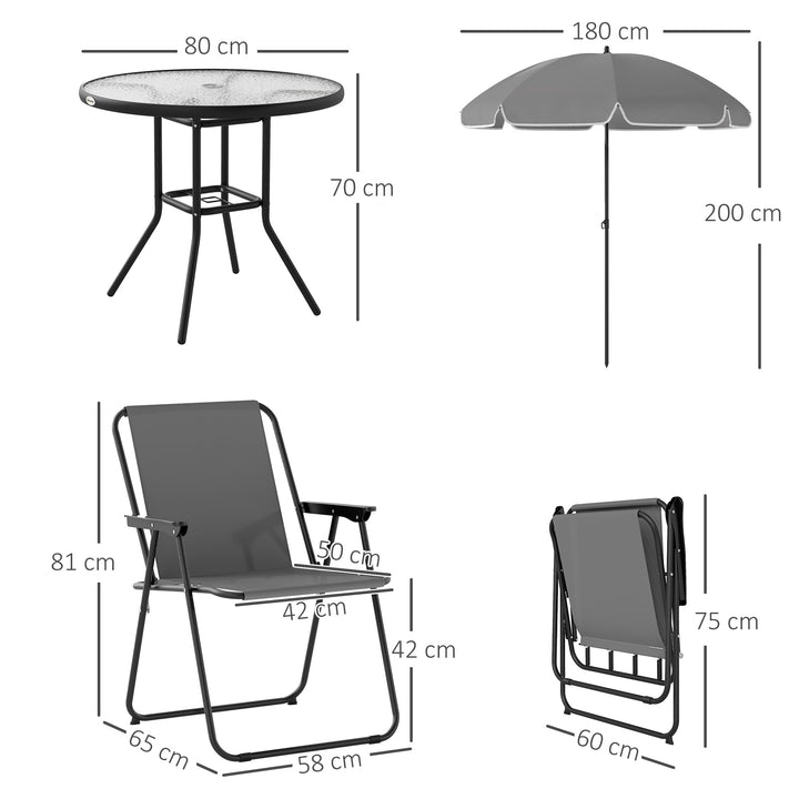 Conjunto de Mesa e Cadeiras de Jardim de 6 Peças Móveis de Jardim Exterior com 4 Cadeiras Dobráveis Mesa de Vidro e Chapéu de Sol para Terraço Pátio Cinzento