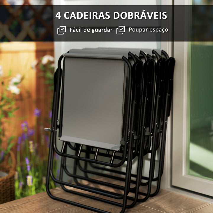 Conjunto de Mesa e Cadeiras de Jardim de 6 Peças Móveis de Jardim Exterior com 4 Cadeiras Dobráveis Mesa de Vidro e Chapéu de Sol para Terraço Pátio Cinzento