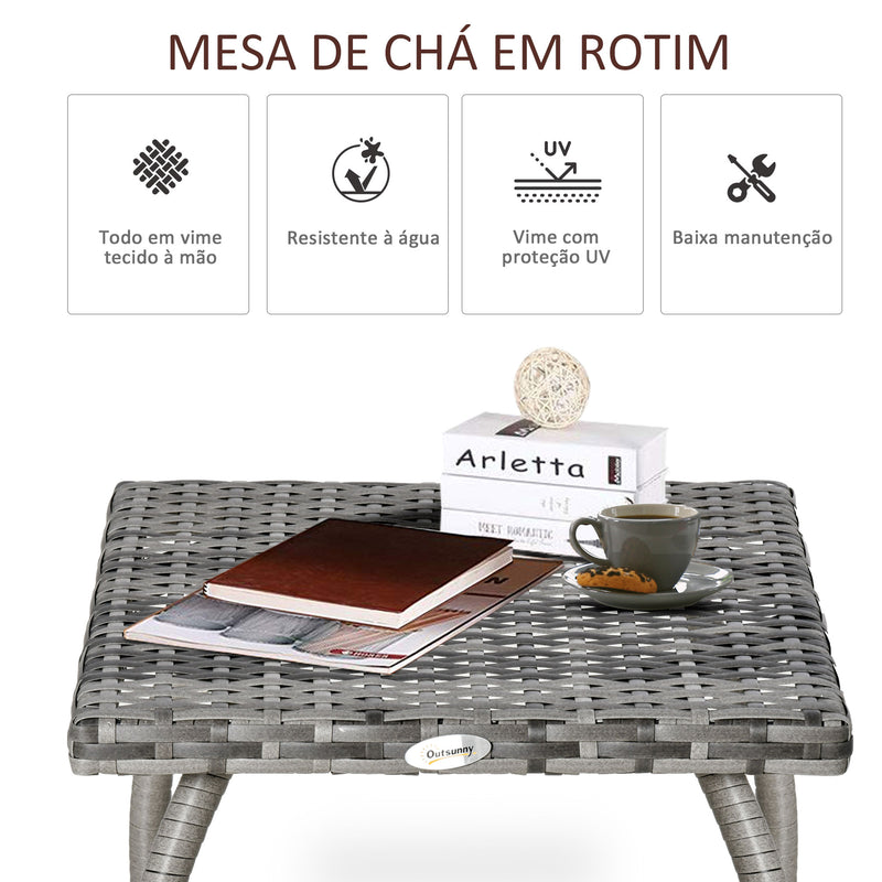 Mesa de Jardim de Vime Mesinha Auxiliar com Pés de Metal Capacidade 30 kg Mesa de Exterior para Pátio Terraço Varanda 45x45x44 cm Cinza