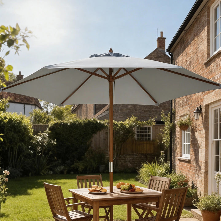 Chapéu de Sol de Madeira Ø250x230 cm para Exterior com 6 Hastes Sistema de Corda com Fixação Desmontável Portátil Fácil de Guardar e Transportar Cinza