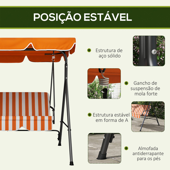 Baloiço de Jardim Exterior de 3 Lugares, Baloiço de Jardim com Teto Ajustável e Estrutura de Aço, para Varanda, Terraço, Pátio, Suporta até 200 kg, 172x110x153 cm, Laranja