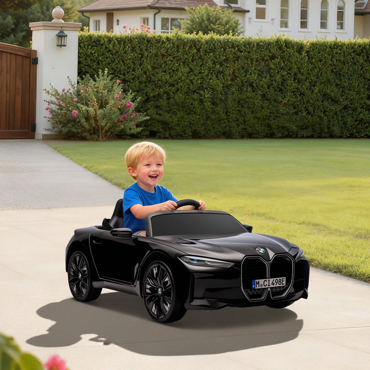 Carro Elétrico para Crianças 37-72 Meses com Licença BMW i4 Carro a Bateria 12V com Controlo Remoto Música MP3 Ecrã Luzes e Cinto de Segurança 115x67x45 cm Preto