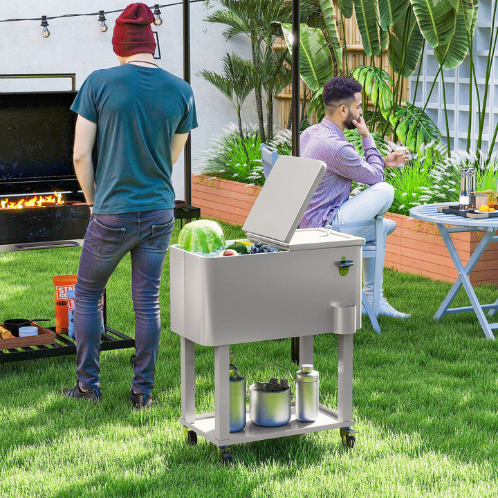 Carrinho Refrigerador de Bebidas de 56L Carrinho Refrigerador com Rodas Abridor de Garrafas e Prateleira para Pátio Festas Terraço Praia 67x35x80 cm Cinzento Claro