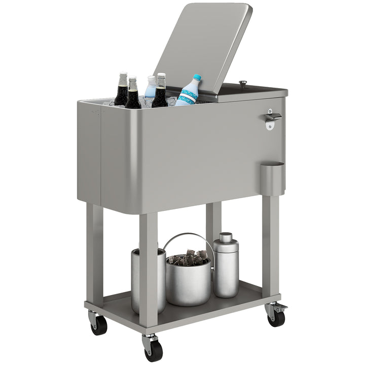 Carrinho Refrigerador de Bebidas de 56L Carrinho Refrigerador com Rodas Abridor de Garrafas e Prateleira para Pátio Festas Terraço Praia 67x35x80 cm Cinzento Claro