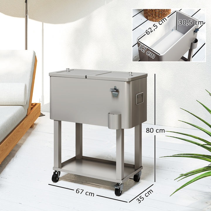 Carrinho Refrigerador de Bebidas de 56L Carrinho Refrigerador com Rodas Abridor de Garrafas e Prateleira para Pátio Festas Terraço Praia 67x35x80 cm Cinzento Claro