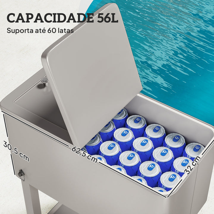 Carrinho Refrigerador de Bebidas de 56L Carrinho Refrigerador com Rodas Abridor de Garrafas e Prateleira para Pátio Festas Terraço Praia 67x35x80 cm Cinzento Claro