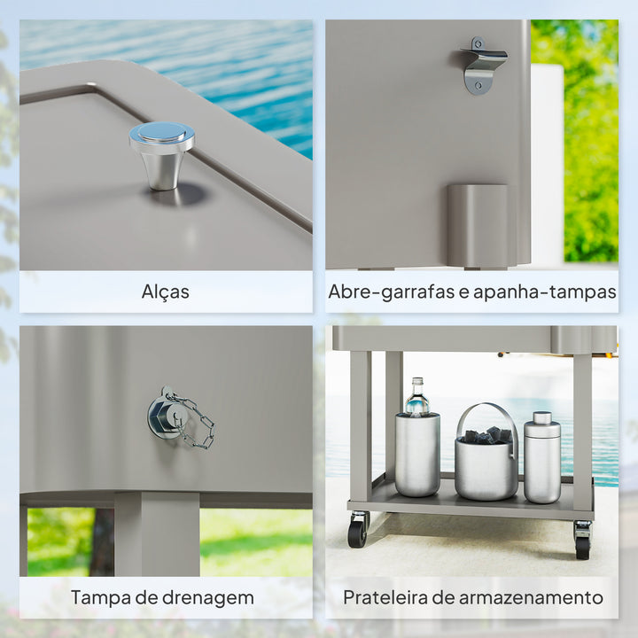 Carrinho Refrigerador de Bebidas de 56L Carrinho Refrigerador com Rodas Abridor de Garrafas e Prateleira para Pátio Festas Terraço Praia 67x35x80 cm Cinzento Claro